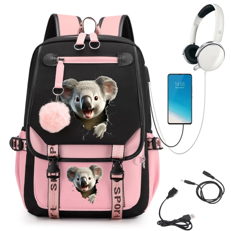 Mochila escolar con estampado de Koala, Bolsa Escolar de dibujos animados para estudiantes y adolescentes, bolsa de libros Usb, bolsa de Anime para portátil, bolsas para adolescentes