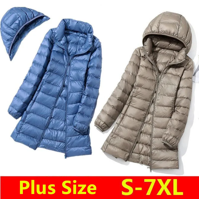 2024 Women Spring Jacket Ultralight Thin Packable Down Long Jacket  Female Hat Detachable Slim Fit Skirt Coat Portable Outwear