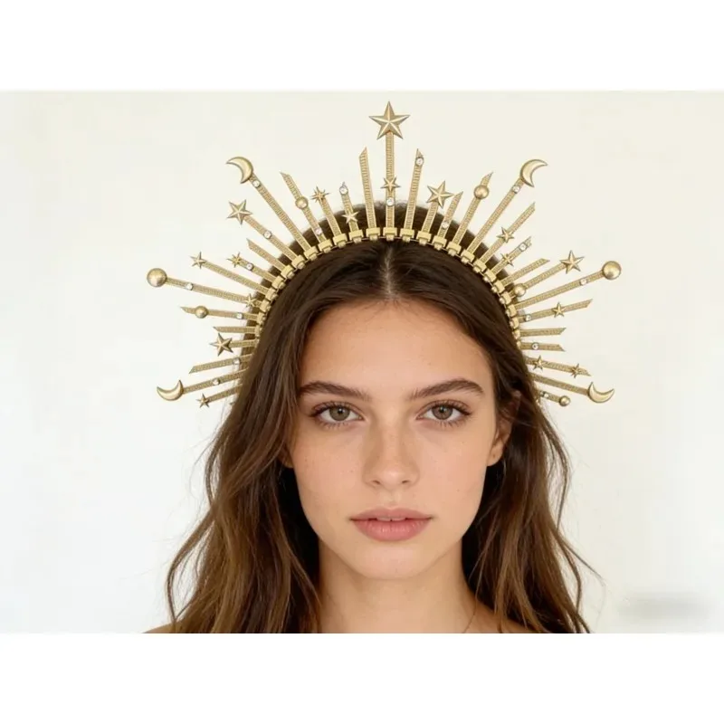 

Halo Crown Headpiece Gold, Sun Goddess Wedding Tiara for Women Festival Sunburst Halo Crownl Photoshoot Wedding Party