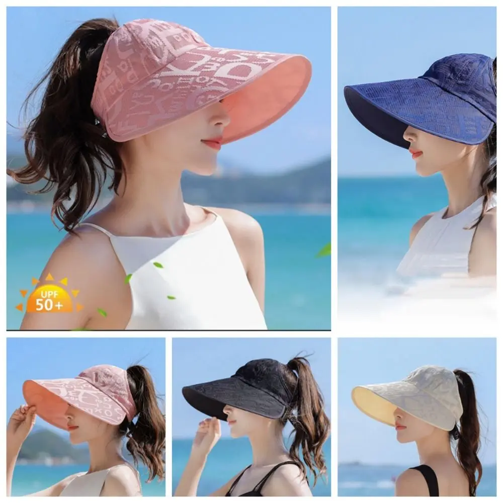 Stylish Letter Large Brim Sun Hat UV Protection Removable UV Protection Hat Breathable Stripes Summer Panama Hat Men