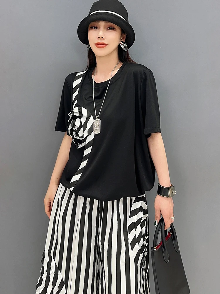 SHENGPALAE 2024 Spring New Casual Set Classic Black White Stripe Short Sleeve T-shirt Wide Leg Skirt Pants 2 Piece Set 5R9658