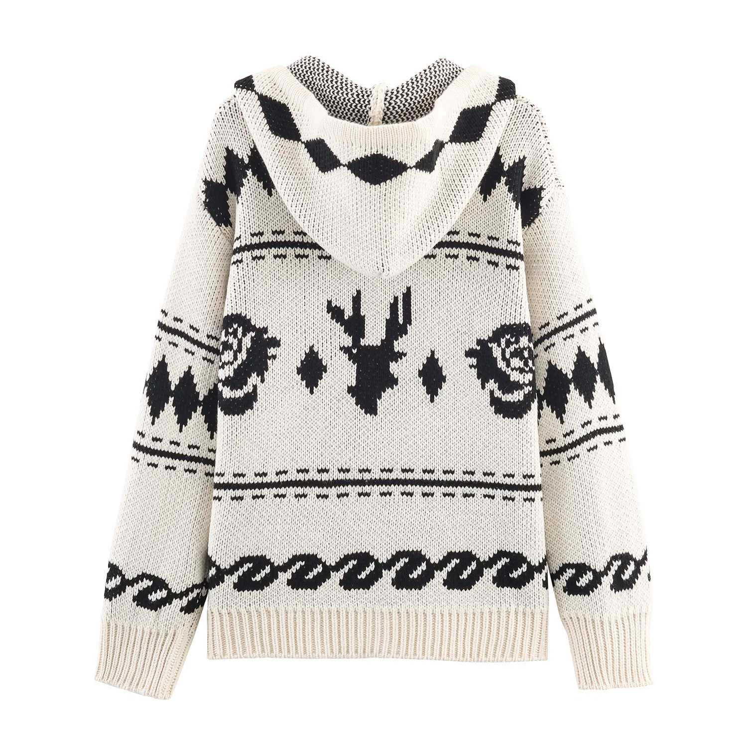 سترة هاراجوكو النسائية الشتوية لعام 2025 بأكمام طويلة منقوشة هندسية مع سحاب محبوك مترهل مع قلنسوة سترة طوطم فضفاضة باللون الأسود المشمش