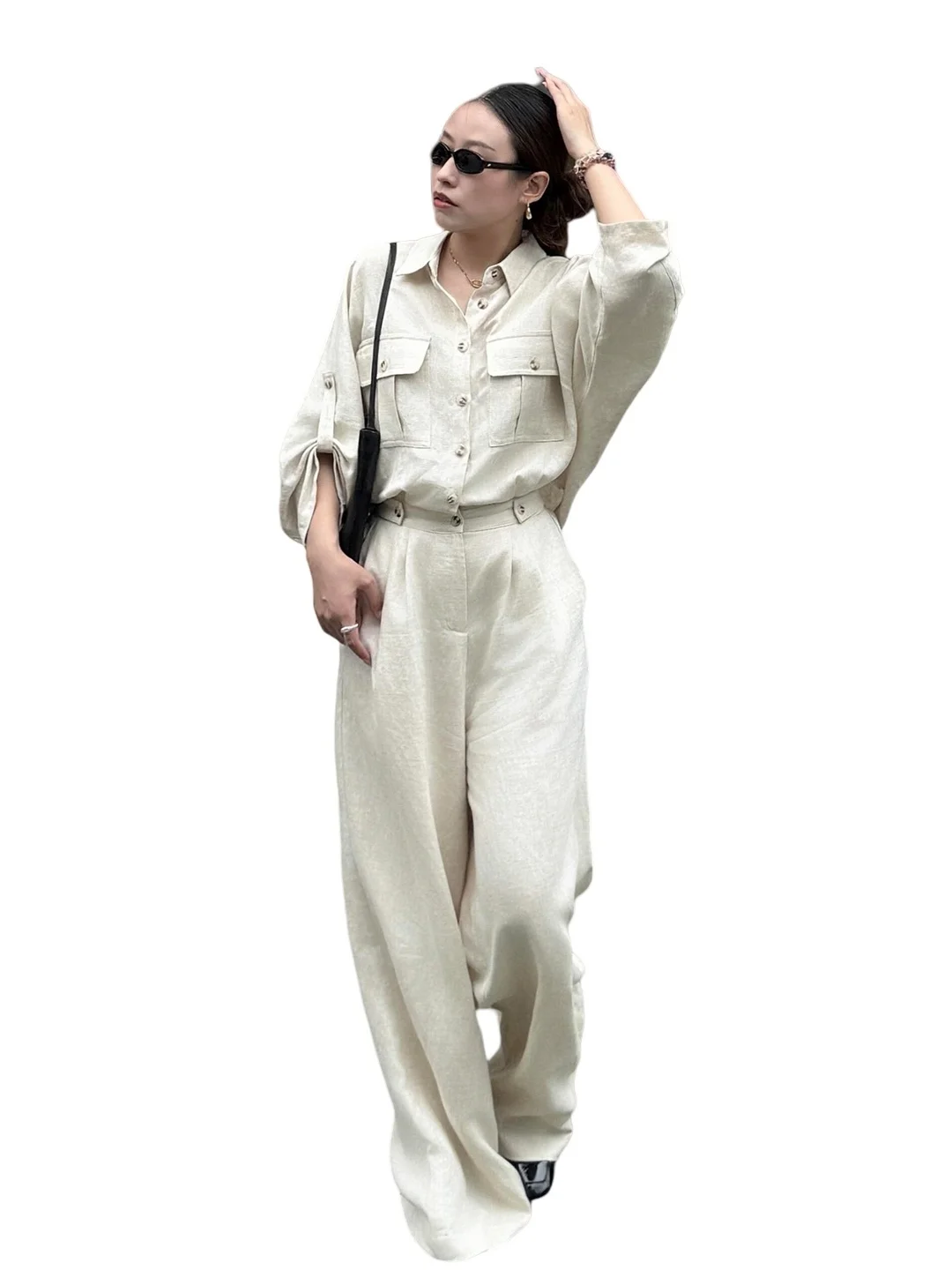 Combinaison en lin haut de gamme pour femmes, ample, décontractée, polyvalente, automne, vintage, simple, vêtements de travail, salopette, taille haute, pantalon long