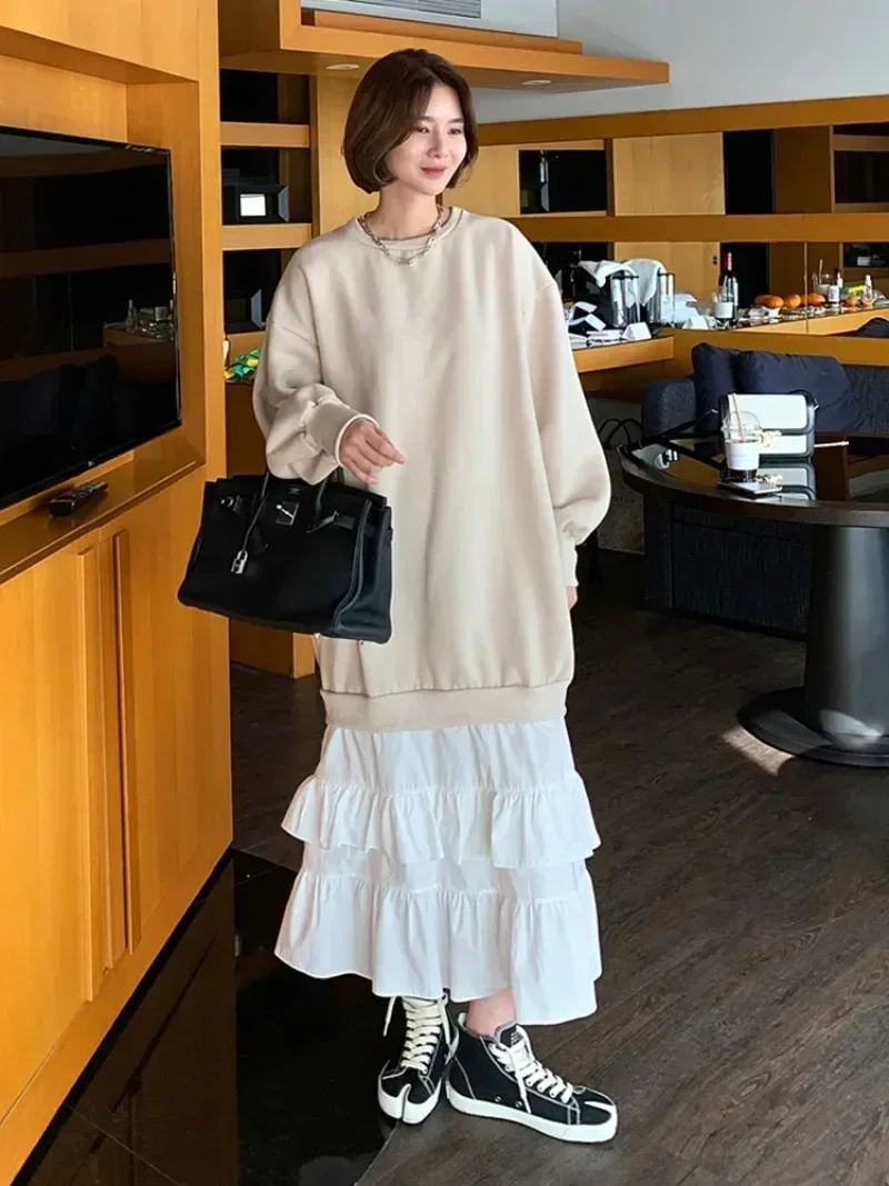 Neploe Korean Chic Niche Casual Style Vestidos Femme 2024 Autumn Simple Contrasting Color Patchwork Ruffle Edge Hoodie Dress