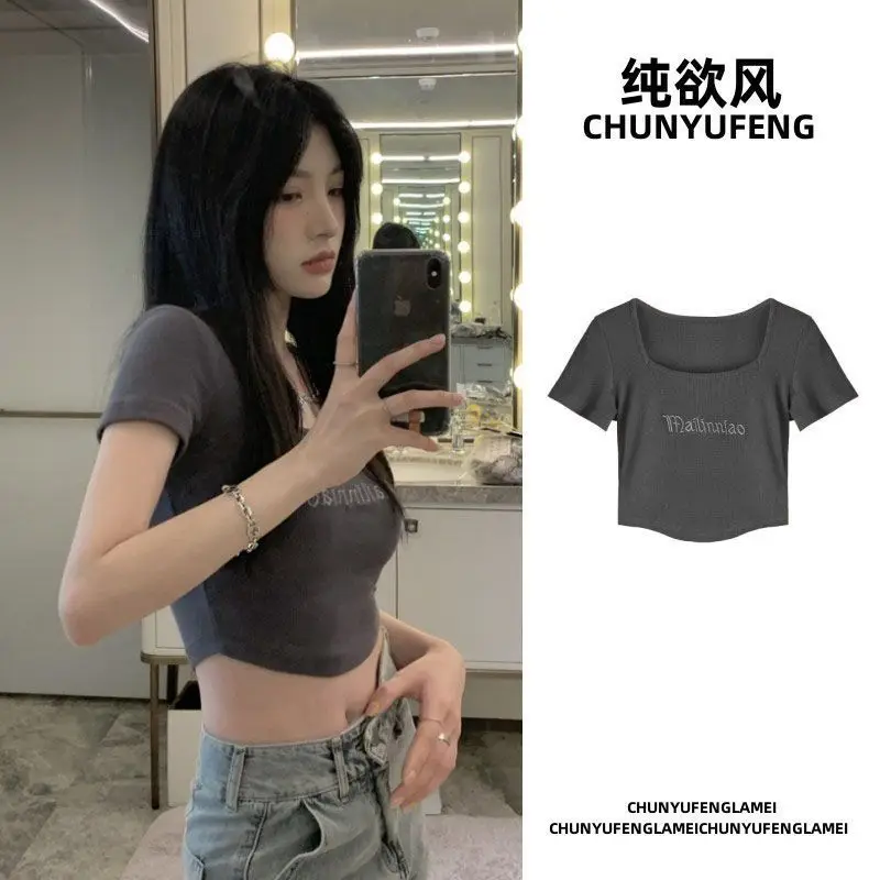 Embroidery Letter T Shirt Crop Top Women Summer 2023 Square Collar Pullovers Woman Short Sleeve Tees Slim Fit Sports Tops Female