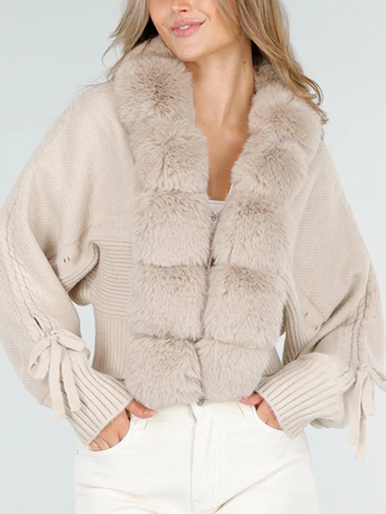 

Women Autumn Winter Elegant Faux Fur Warm Jackets Solid Color Long Sleeved Knitted Short Coat New Lady Daily Commuting Outfit