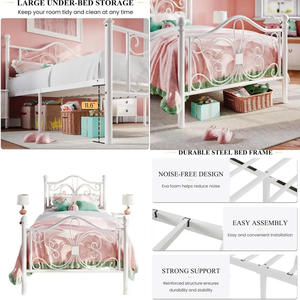 

Twin Metal Bed Frame for Kids with Butterfly Design, No Box Spring Needed, Easy Assembly, White