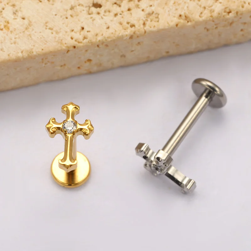 ASTM F136 Titanium with CZ Cross Labret Studs Lip Piercing Internally Threaded Medusa Ring Cartilage Monroe Piercing Jewelry