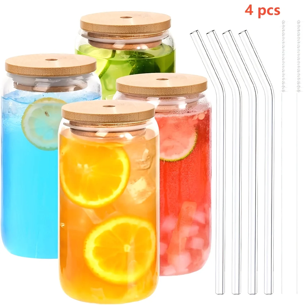 

Стаканы для питья со стеклянной соломинкой, набор из 4 предметов: 16 унций, стеклянная чашка в форме банки для пива, кофе с льдом, стакана для виски, соды, чая, воды