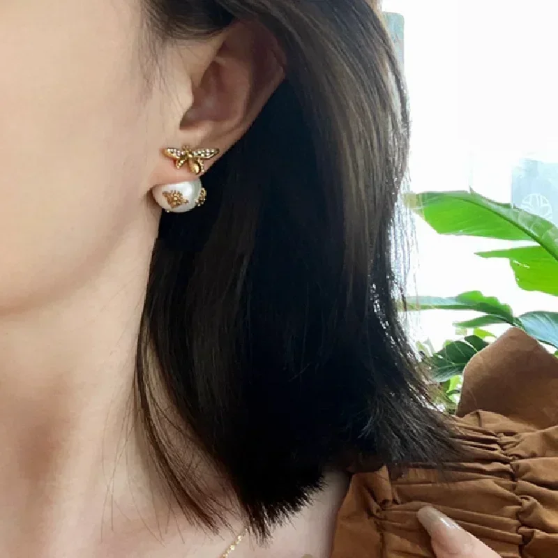 Front and Back Pearl Double-sided Vintage Bee Stud Earrings Female