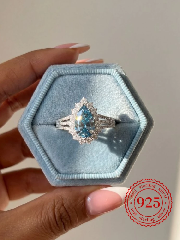 

925 Sterling Silver Vintage Fashion Sea Blue Pear Zircon Ring For Women Engagement Wedding Luxury High Quality Fine Jewelry