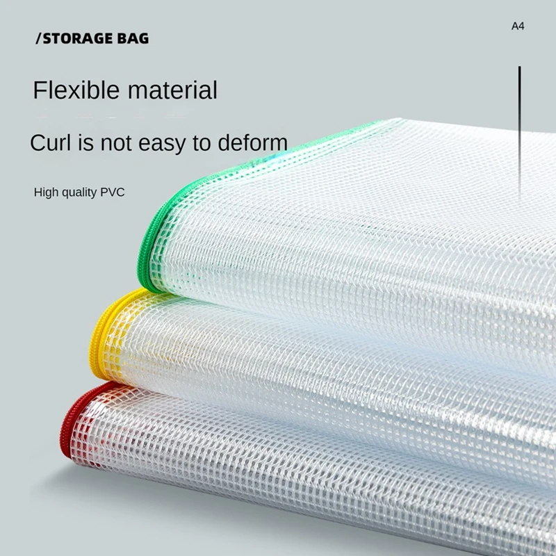 Mesh Zipper File Bolsas para Documento, Zipper Pouch, Pastas De Arquivo De Plástico, Tamanho Da Carta, Tamanho A4, Material De Escritório, 12Pcs