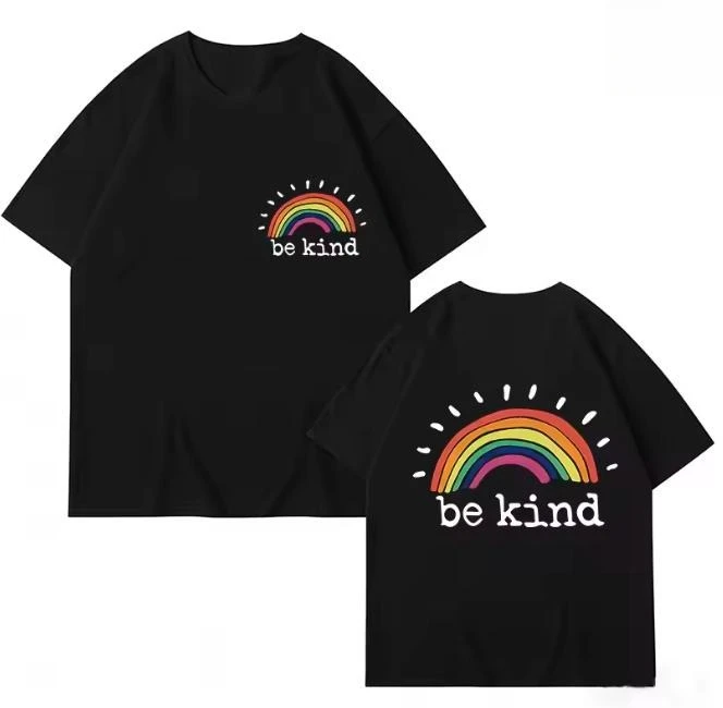 Women Be Kind T Shirt Front Back Print Hand Drawn Rainbow Graphic Casual Short Sleeve White Tee Tops