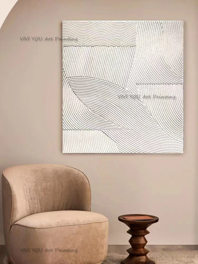 Square Hand-Painted Oil Painting, Heavy Texture White Relief Abstract, Modern Minimalist Curved Line Canvas Wall Art