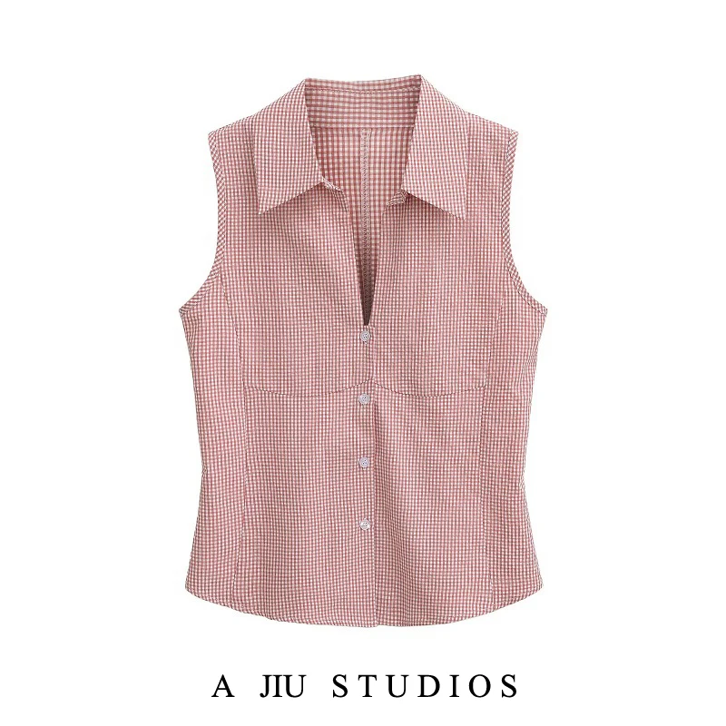 

American BM Sle Women's Svel Collared irt Red Plaid Slim Fit Summer Versatile Pure Desire Body ape Enhancing Top