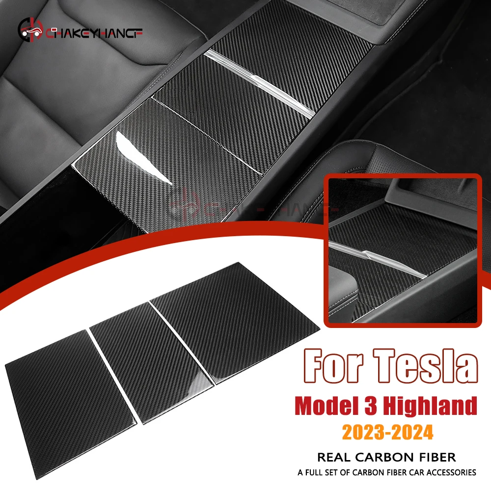 

3 шт., крышка панели центральной консоли из настоящего углеродного волокна, отделка салона автомобиля, аксессуары для Tesla Model 3 Highland Model Y Juniper