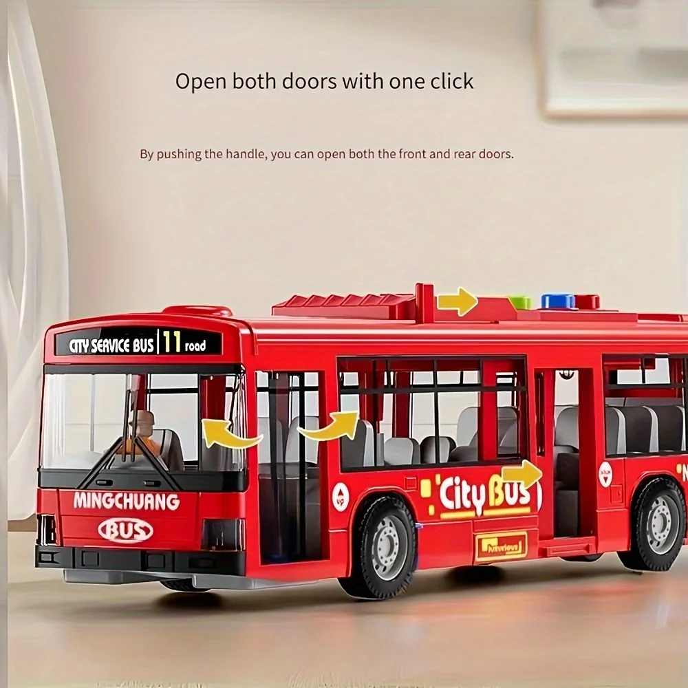 12インチシミュレーション両開きドア慣性バスプルバックモデルおもちゃの車、ライトと音楽付き、男の子と女の子の教育ギフトに最適