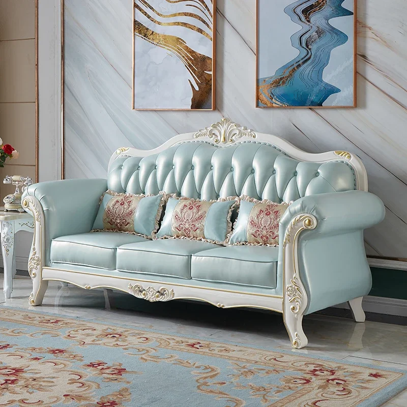 

European leather sofa small apartment living room solid wood light luxury first layer cowhide