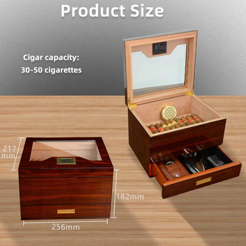 custom.OEM ODM Modern Wooden Display Cigar Box Cabinet with Drawer Storage Lacquer Technique Window Lid Cigar Accessories Hu