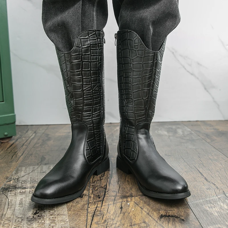 Men Retro Western Cowboy Boots High Top Knee High Pointed Toe Platform Thick Sole Leather Riding Boots Casual Outdoor Non-Slip