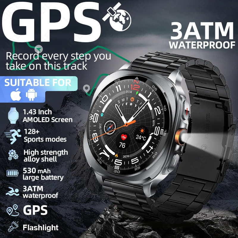 

LIGE GPS Position Smart Watch Men Flashlight 3ATM Waterproof Outdoor Watches 1.43'' AMOLED Screen Bluetooth Call GPS Smartwatch