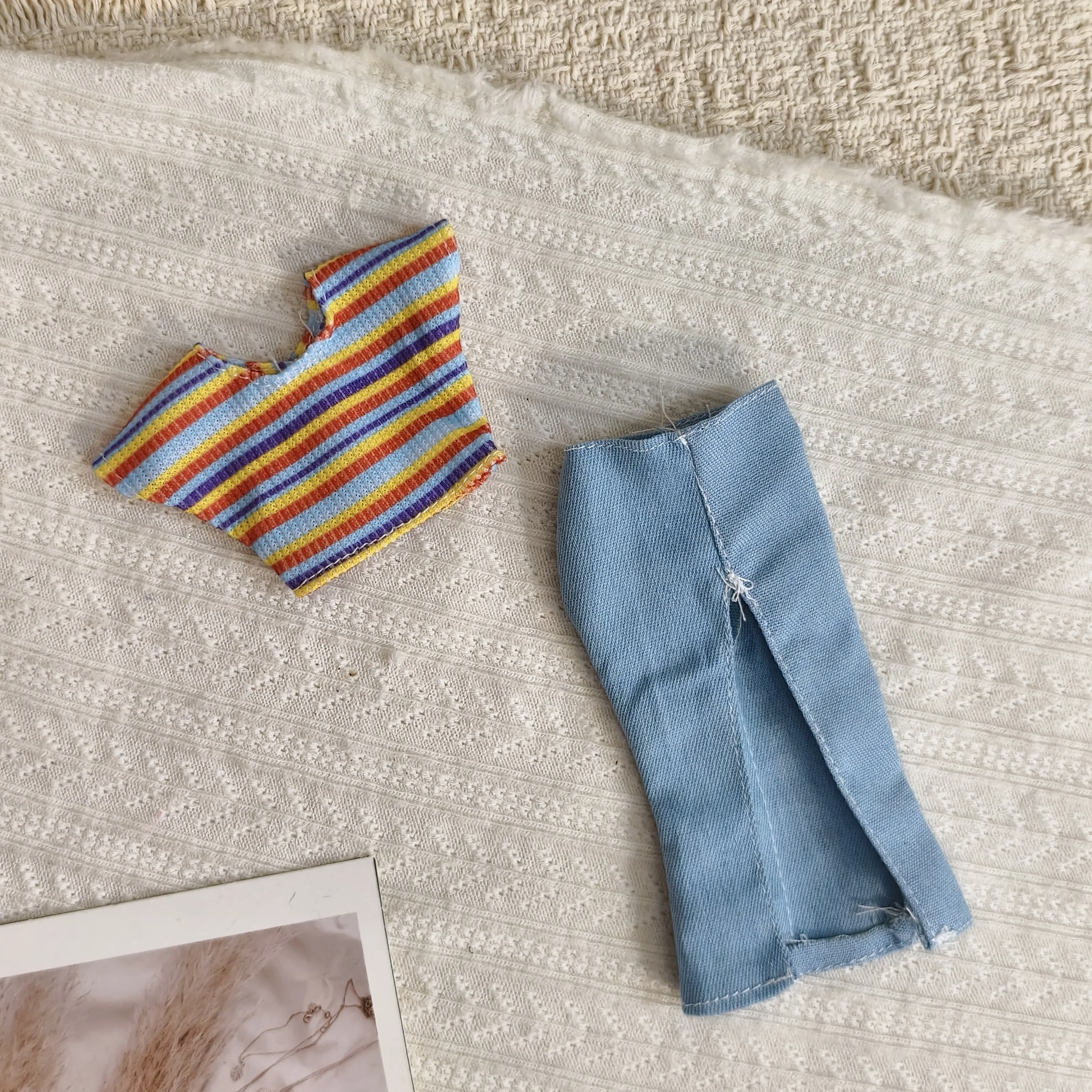 Cute And Playful Striped Short T-shirt + Split Slit Denim Skirt/Trousers Set For 1/6 FR Babi Supermodel Doll Clothes Accessories