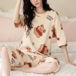 2 Pcs/set Women Short Sleeve 7 Pants Ladies Homewear Scarf Bear Short Sleeve Two Piece Autumn Ladies Pajama set School pajamas