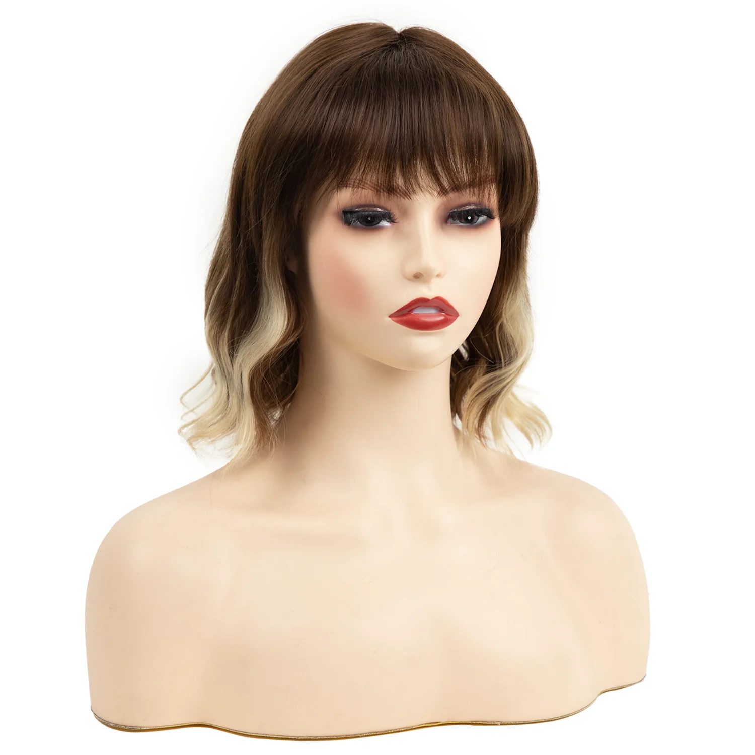 Women Brown Ombre Wavy Bob Wigs with Bangs Synthetic Wig With with Dark Roots Natural Hair for Daily Use