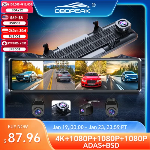 4チャンネルダッシュボードカメラa8HD,OBDPEAK-4K p,adas,bsd,車のDVR,wifiアプリケーション,バックミラー,車のビデオカメラ,24時間駐車場,1080