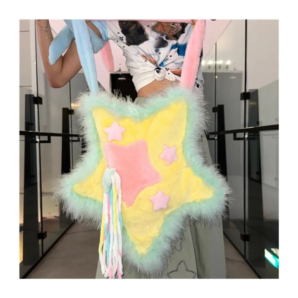 JIAERDI Hot Girls Plush Star Messenger Bag Women Harajuku Aesthetic Fur Soft Y2k Handbag Female Fairy Core Crossbody Bags Bolsos