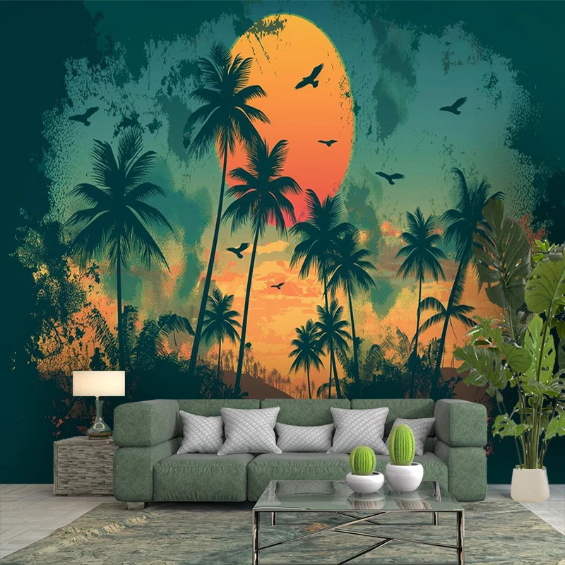 1PC Vintage Palm Tree Sunset Art Print Backdrop Banner, Bedroom Living Room Photo Background, Polyester, Home Decor, Wall Art