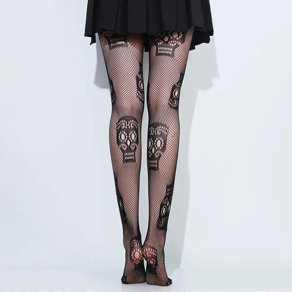 1 Paar Halloween schwarze Netzstrumpfhose für Damen, Punk, Gothic-Stil, Strümpfe, Netzstrumpfhose mit Totenkopf-Muster