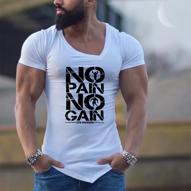 

NO PAIN NO GAIN Mens Running T-shirts Summer Cotton Short Sleeve Gym Clothing Fitness Muscle Slim Fit Irregular V-neck T Shirts