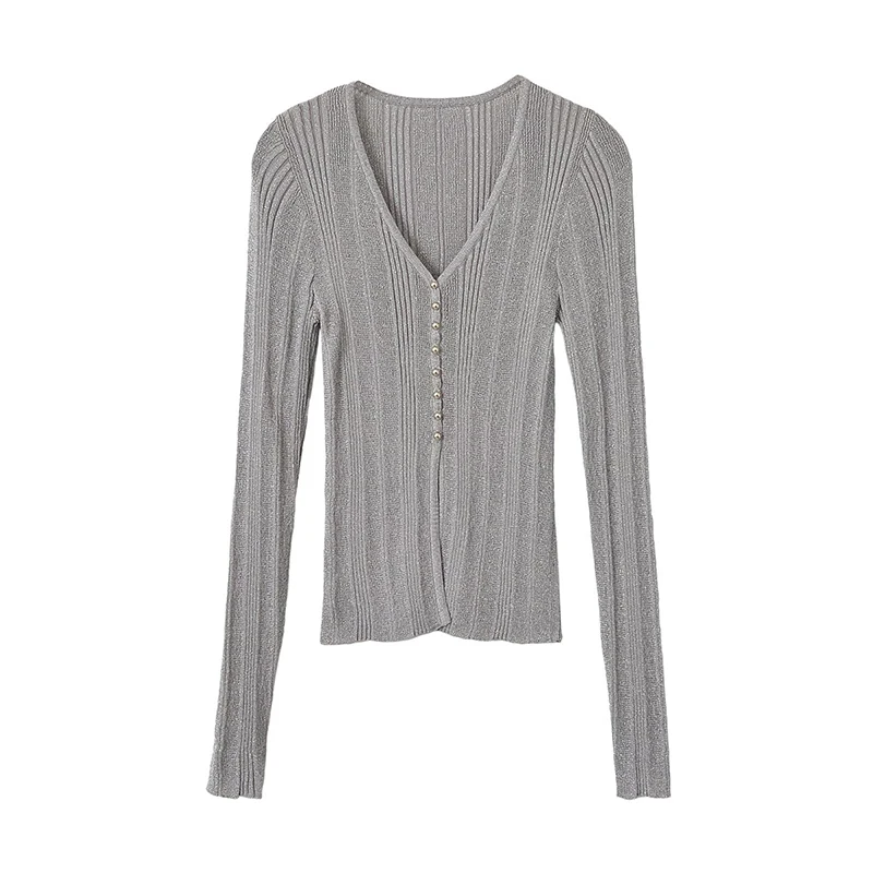 YENKYE Elegant Metallic Thread Ribbed Knit Top for Women Deep V Neck Decorative Buttons Fitted T Shirt