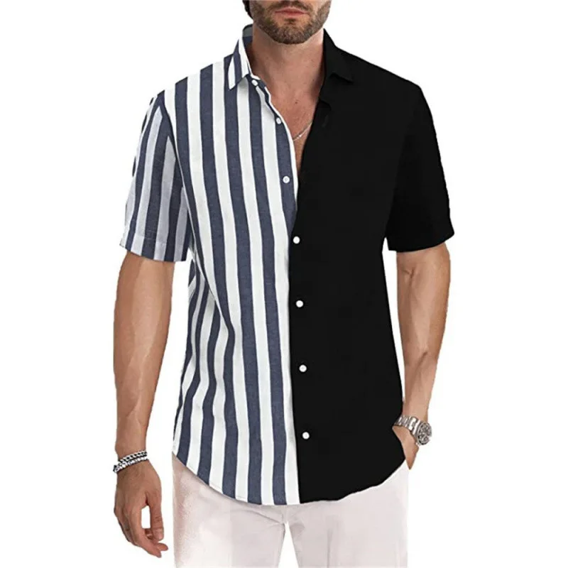 2024Summer Shirt Amazon New Men's Short Sleeve Half Stripe Print Turn-down Collar Shirt Source