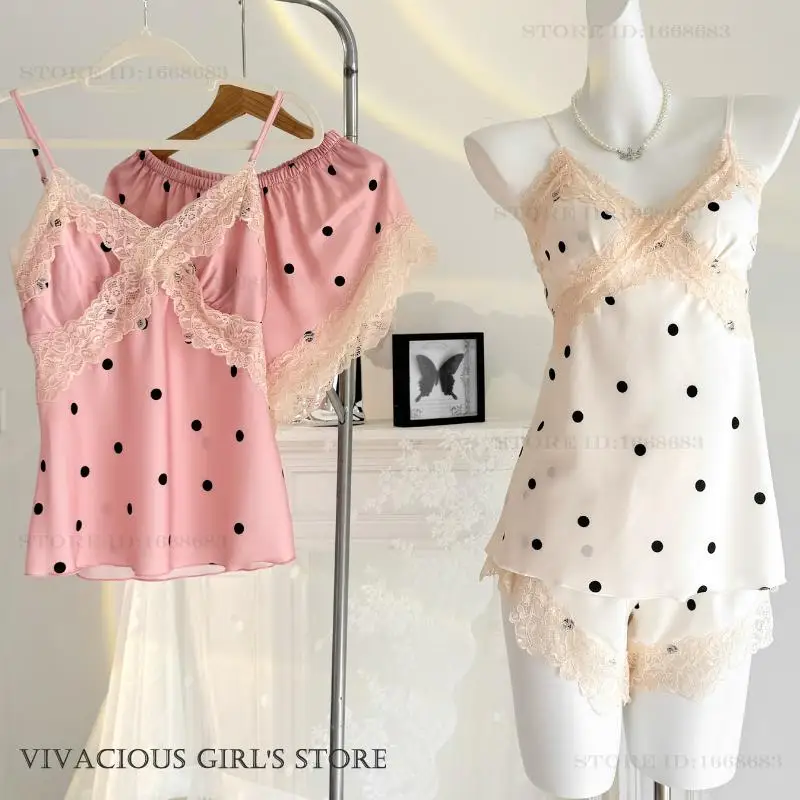 

Summer Suspender Pajamas Set Female Sleepwear Sexy Lace Strap Top&shorts Intimate Lingerie Silky Satin Home Clothes Loungewear