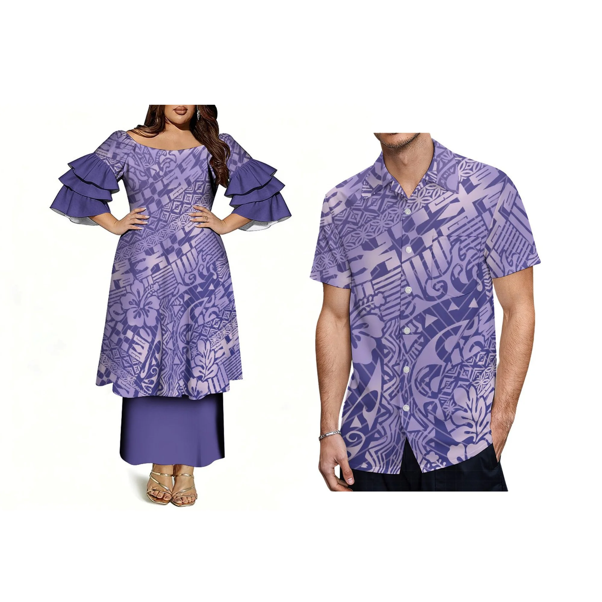 Hot Sale Samoan Polynesian Printed Womens Long Dress Custom Puletasi Big People Party Dress Three Layer Sleeve Dress 2pcs