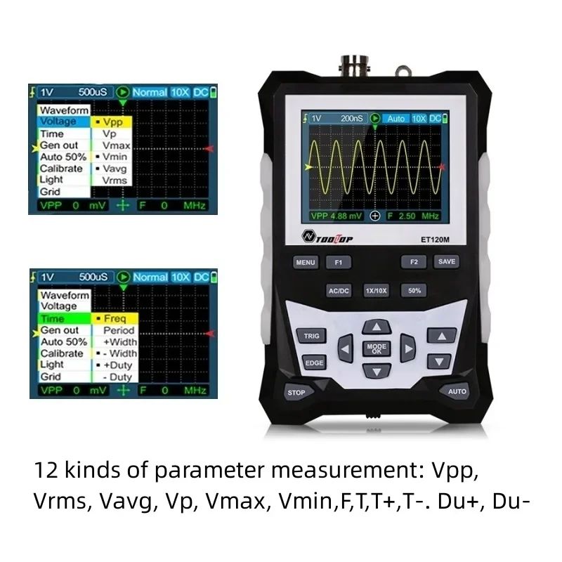 TOOLTOP ET120M 500MS/s 120MHz Portable Digital Oscilloscope Auto Laboratory Scope for Electrical Repair USB Oscilloscope Tools