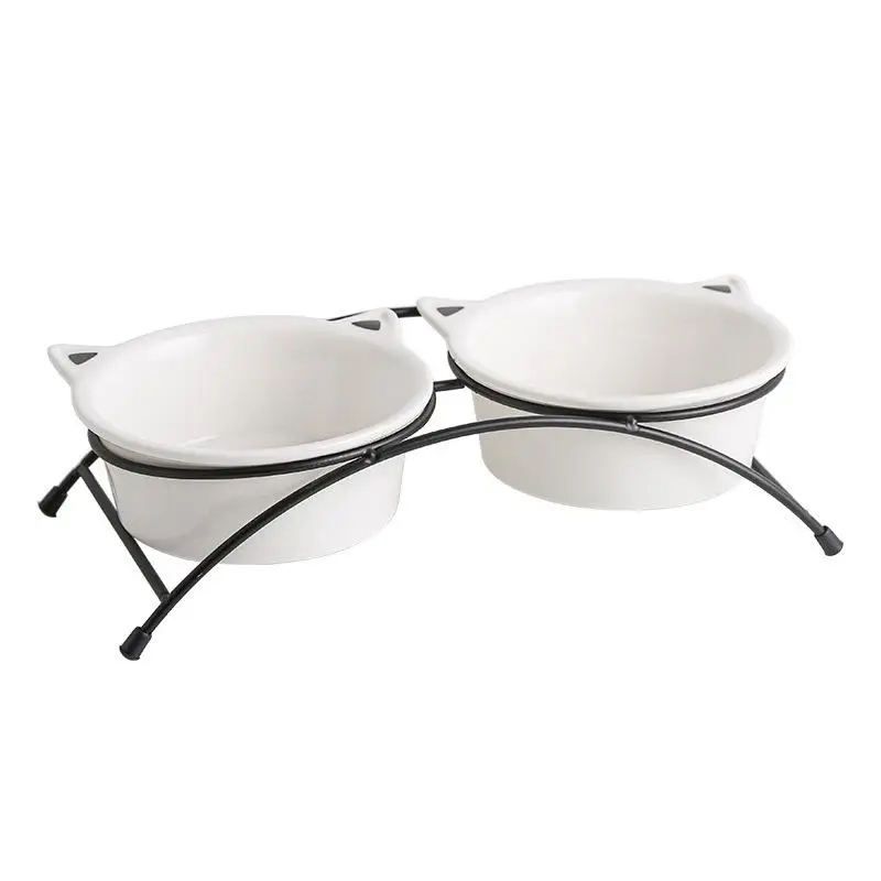 

Cartoon Ceramic Cat Bowl with Iron Rack Dual Use Pet Bowl for Dogs And Cats Pink Black Single Double Bowl Options Available