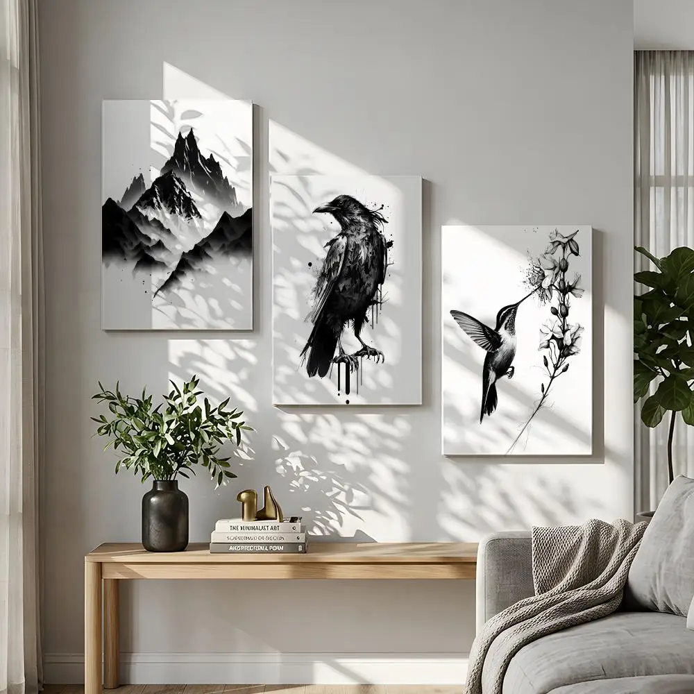 Mountain Tree Crow Landscape Framed Wall Painting HD Wood Framed Canvas Poster Wall Art For Bedroom Bar Home Decor