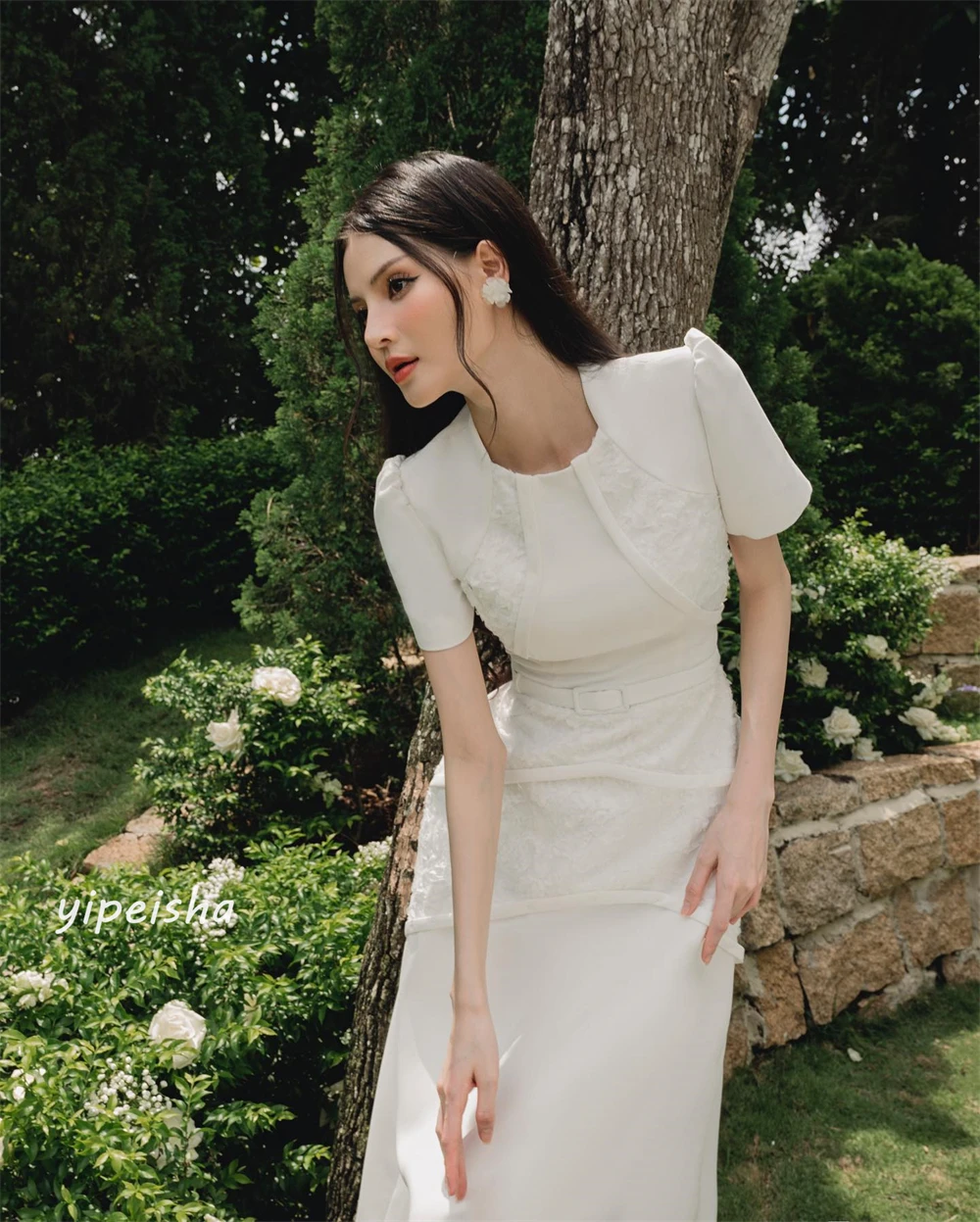 Vestido Midi de cuello cuadrado a medida para fiesta de boda, Jersey con apliques, faja fruncida, línea A, vestidos para ocasiones