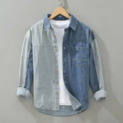 spring autumn American casual fashion brand top loose vertical stripe patchwork denim long sleeve shirt for men high street wear