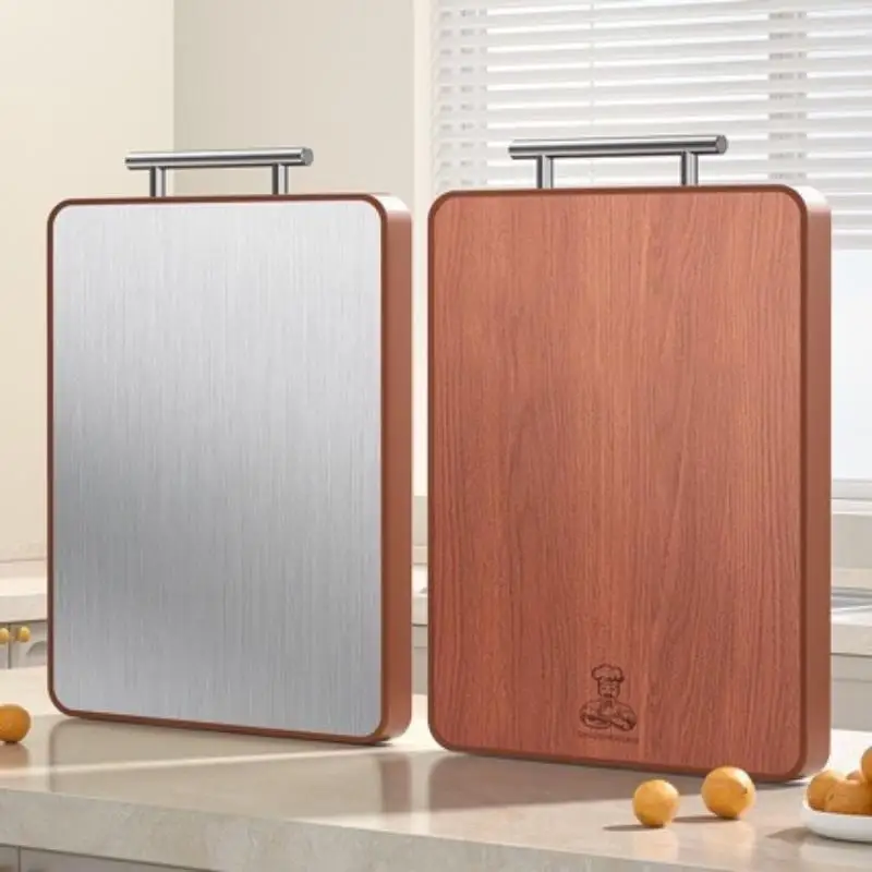 Double Sided Cutting Board Wood And Stainless Steel Mildew Resistant Chopping Board With Handle For Home Kitchen