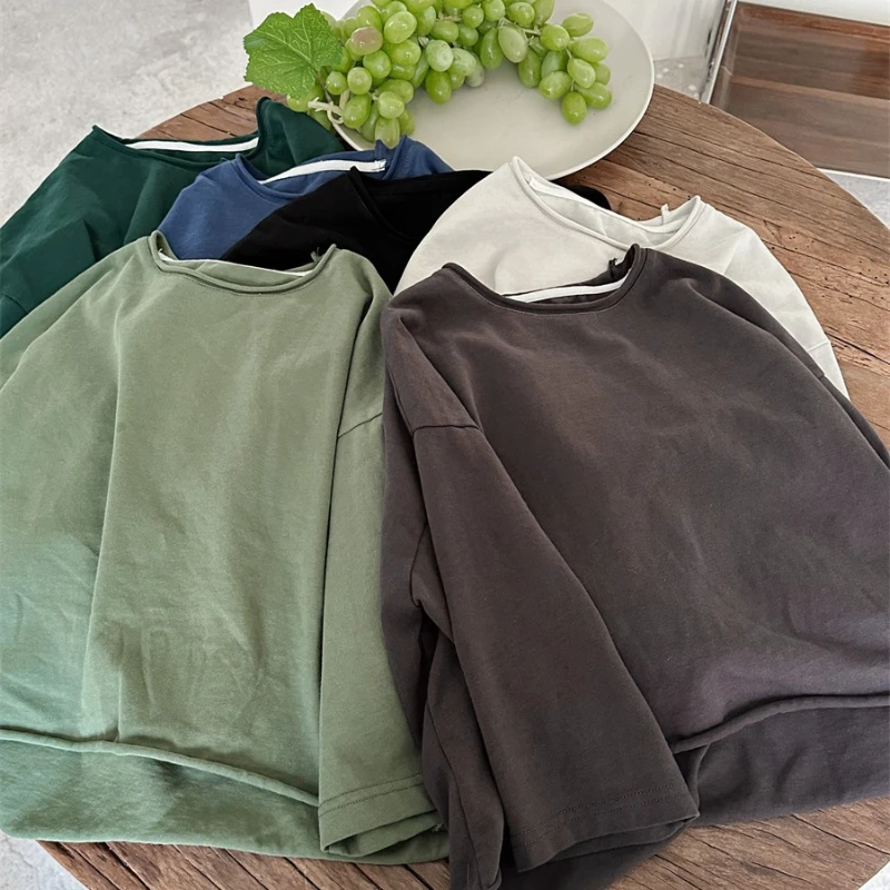 New children's spring solid color long sleeved base shirt design with rolled edge top T-shirt inner layer