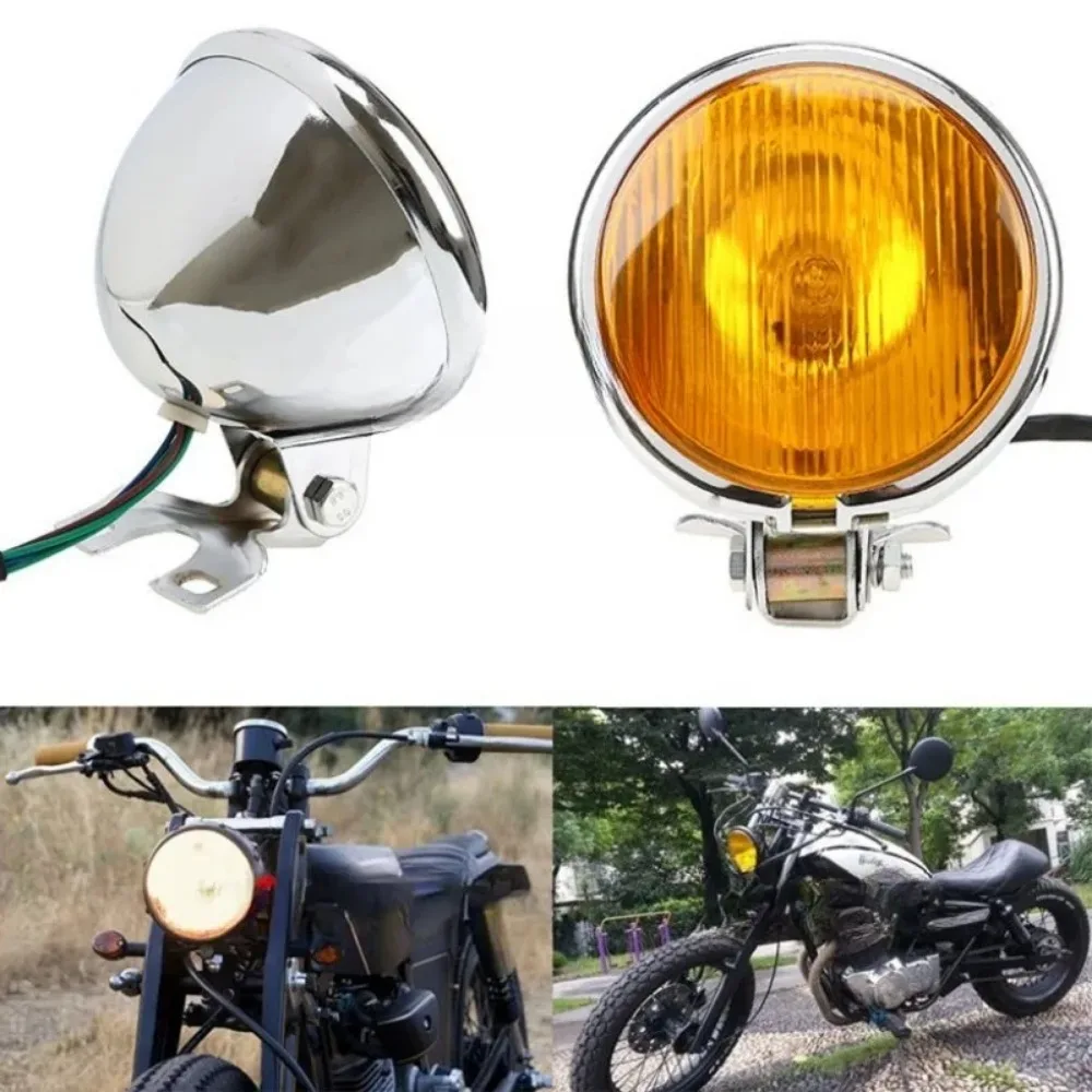 For Retro Round Motorcycle Headlight with Holder Electroplate Vintage Headlamp Honda Hayabusa Suzuki Harley Dirt Bike 1pc