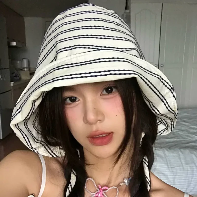 French Style New Striped Large Brimmed Fisherman Hat for Women's Summer Sun Protection and Shading Niche Breathable Basin Hat