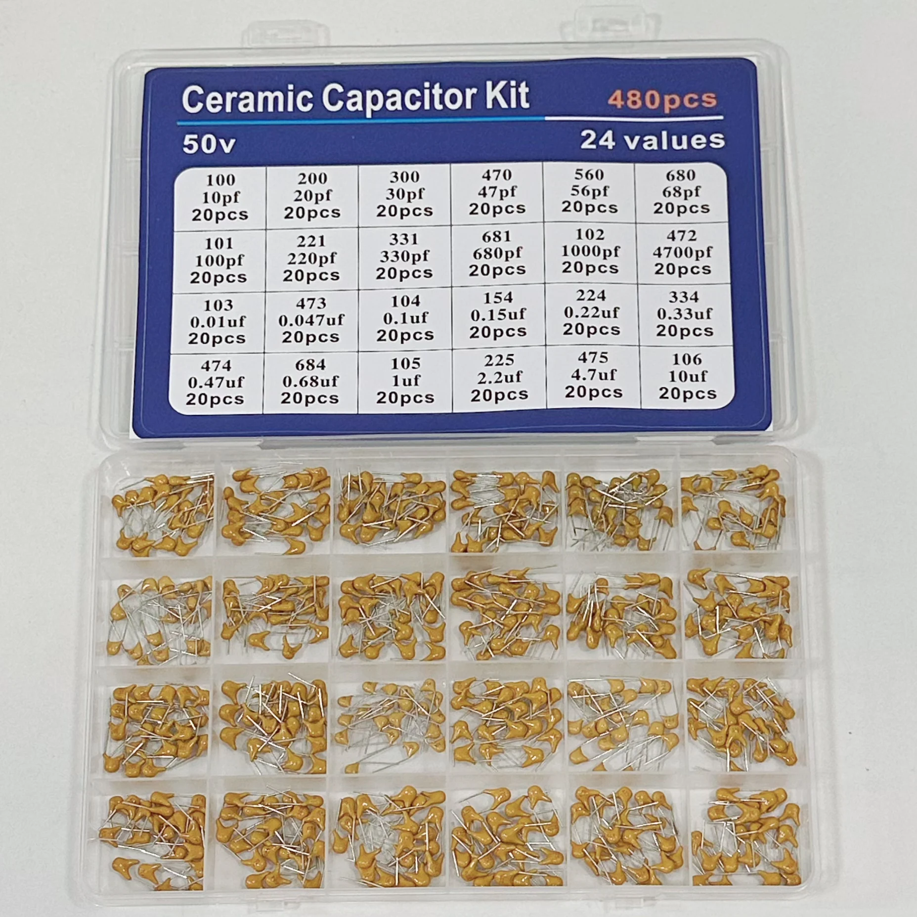 

300pcs/480pcs Ceramic Capacitor Assortment Kit For Guitar Capacitor 10Values/24Values 10PF-10uf