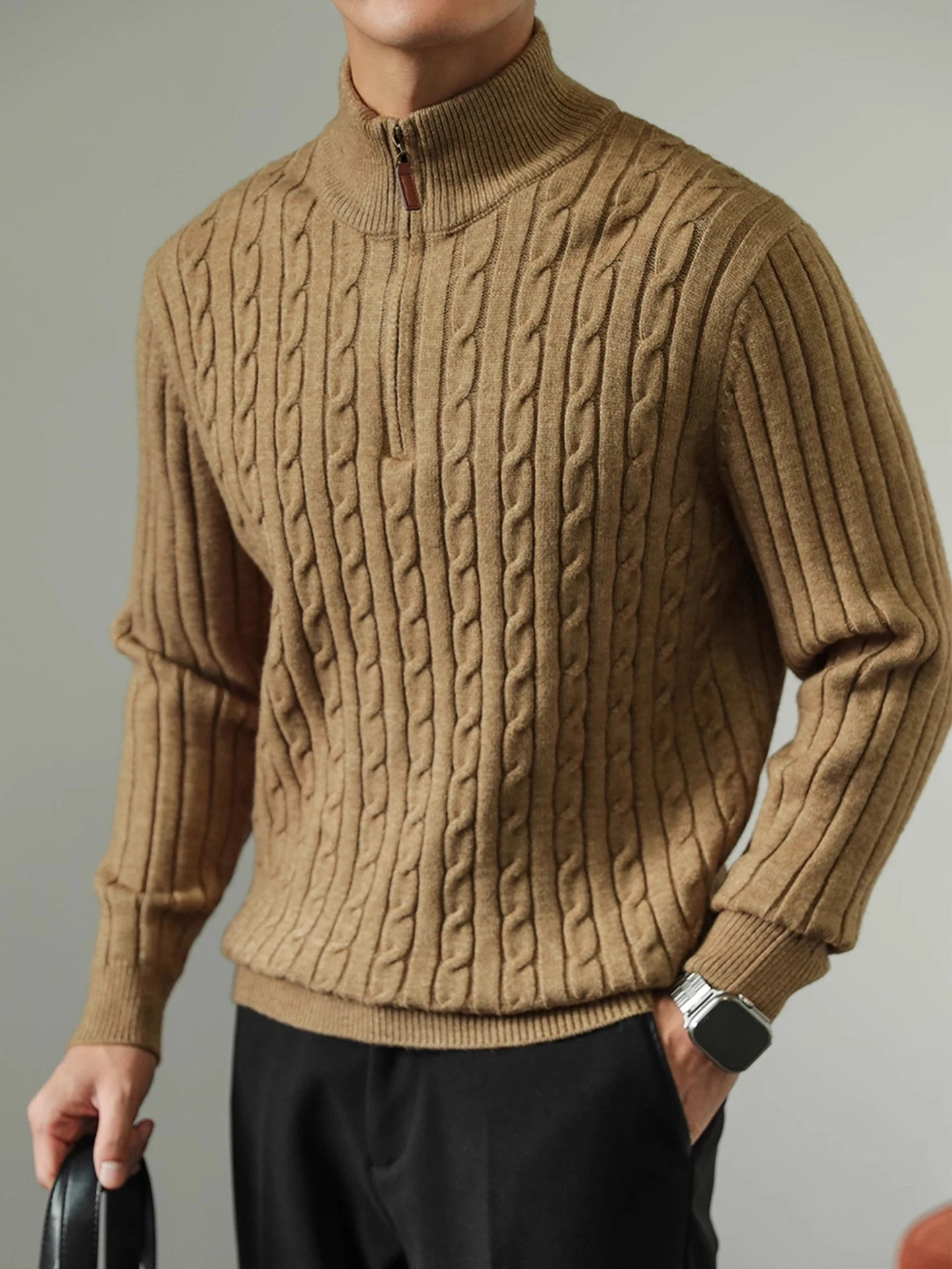 

Мужской повседневный вязаный свитер с высоким воротником, удлиненный, из утолщенного полиэфирного волокна, осенне-зимний, новый, на молнии