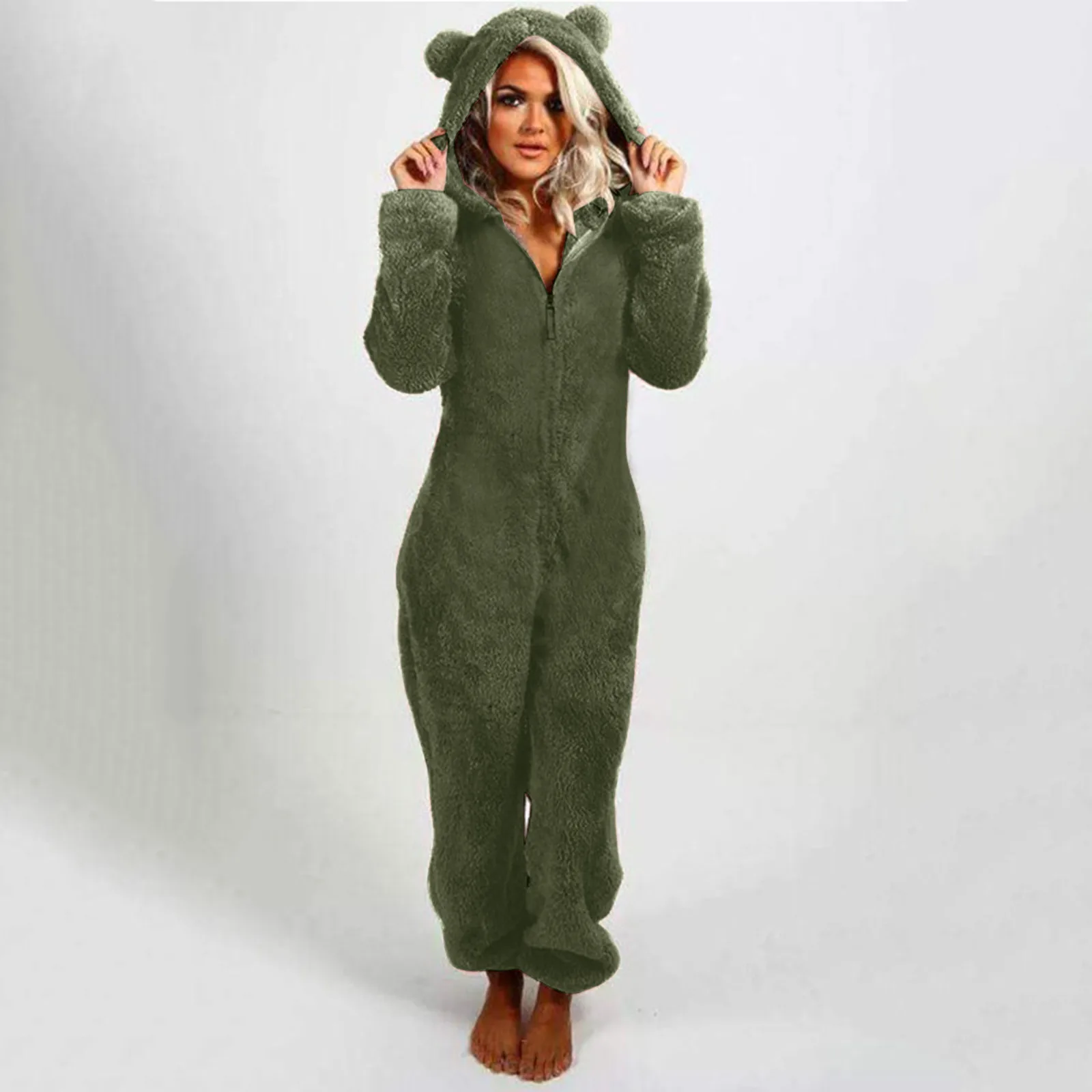 Women's One-Piece Pajamas Casual Solid Color Zipper Loose Hooded Jumpsuit Winter Warm Comfortable Home Wear Sleepwear