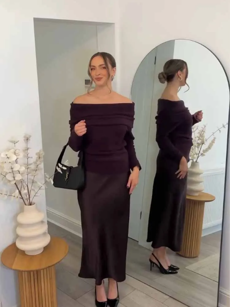 

HH женский зимний модный универсальный элегантный вязаный пуловер с длинными рукавами и открытыми плечами, женский повседневный теплый вязаный топ